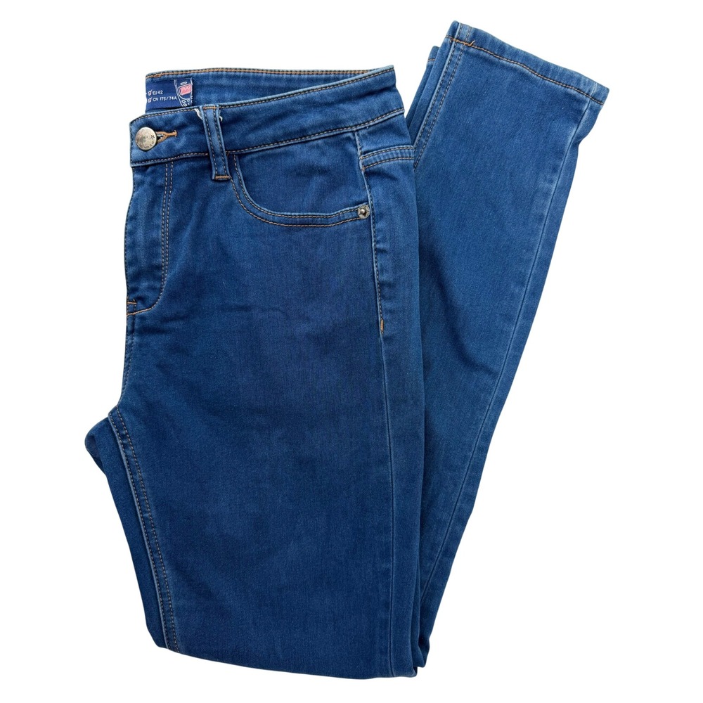 ES Medium Wash Blue Skinny Jeans Red Embroidery Its Ok EU‎ 42 US 10-12 Womens